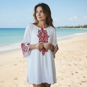 NWT Bohemian White midi Dress with Red Ornate Embroidery